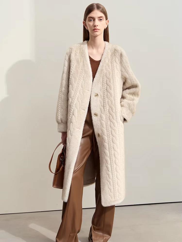 Faux Fur Long V-Neck Coat with Imitation Mink Embossing - Image 2