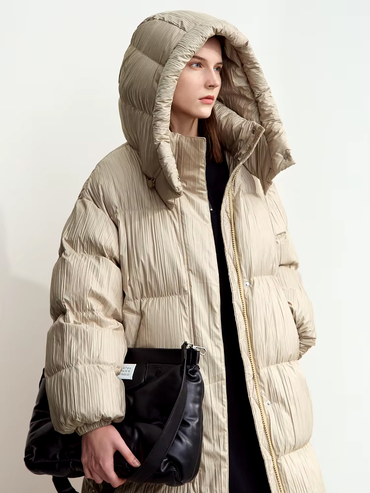 Minimalist Women's Winter Down Jacket with Detachable Hood & Pleated Texture - Image 2