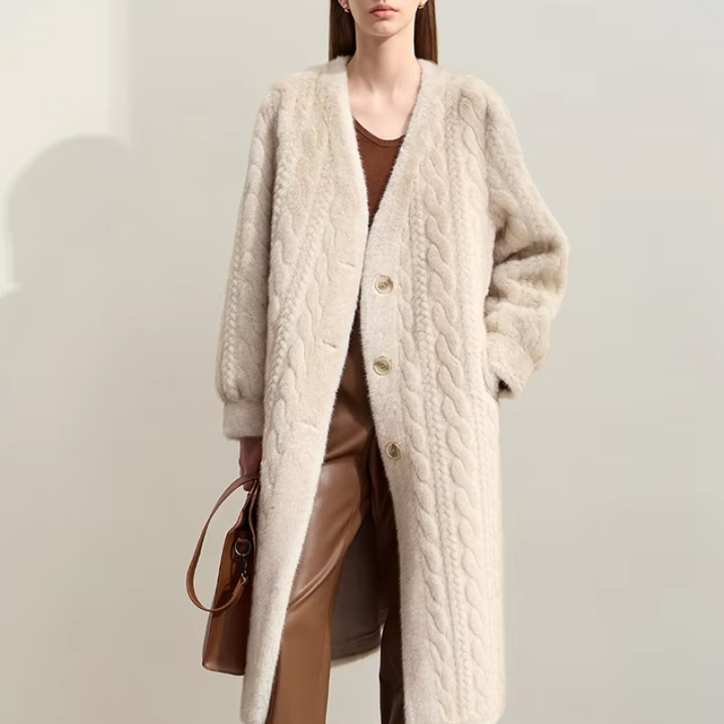 Faux Fur Long V-Neck Coat with Imitation Mink Embossing