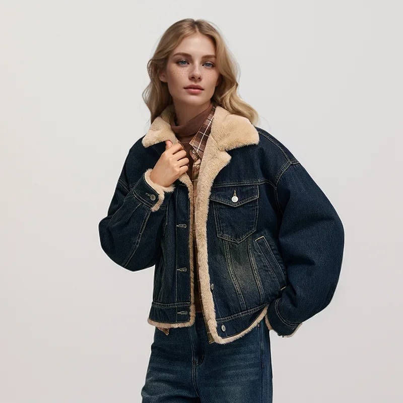 Women's Winter Denim Jacket with Patchwork Fur and Quilted Design