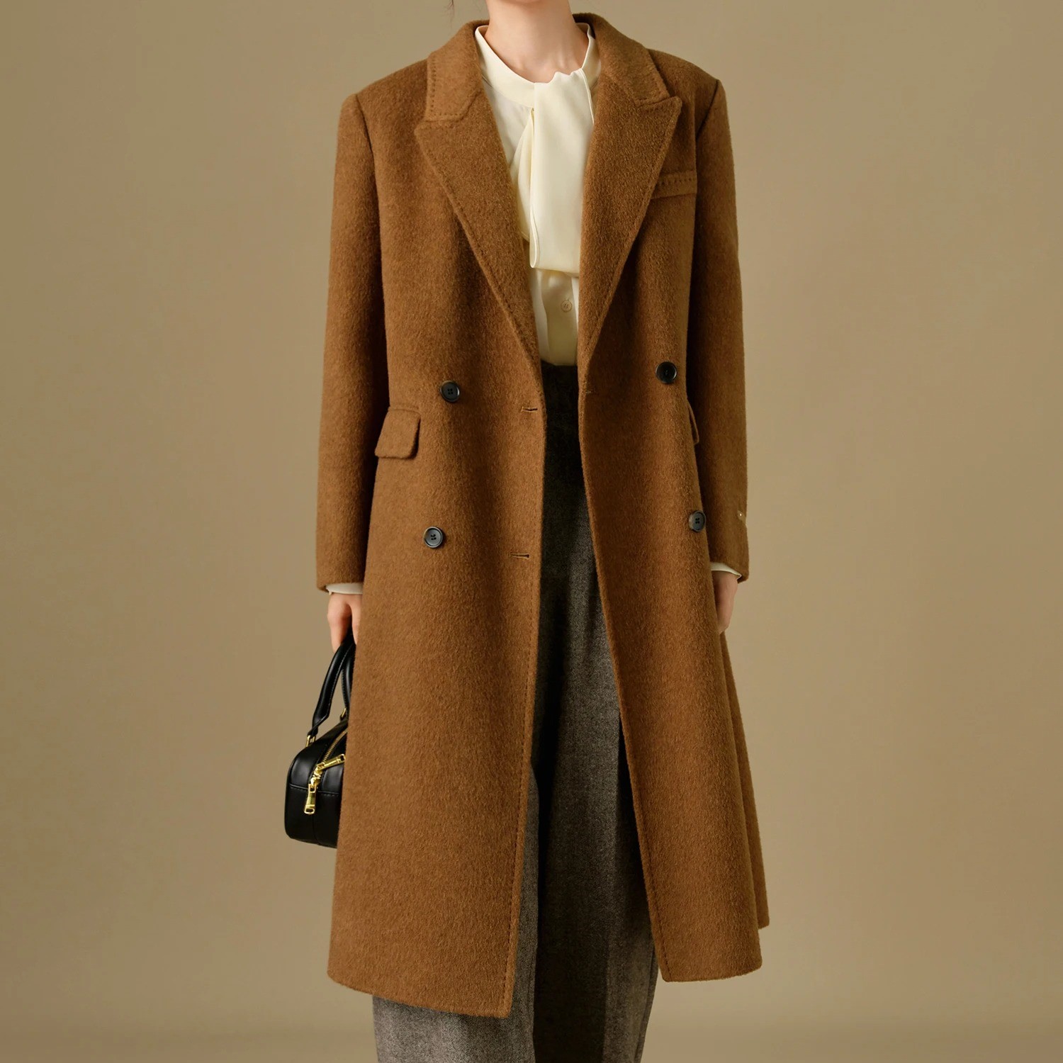 81.1% Wool Yak Blend Women's Double-Faced Long Winter Coat, Plus Size