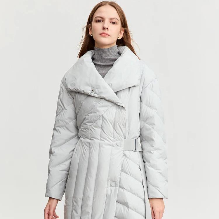 Women's Long Down Jacket with Belt and Stand Collar for Winter