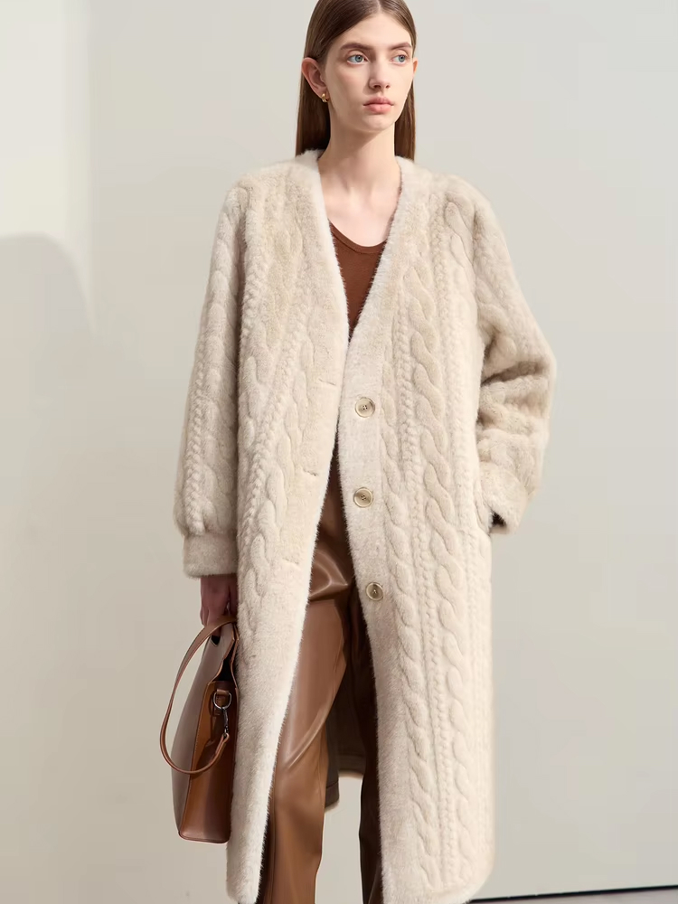 Faux Fur Long V-Neck Coat with Imitation Mink Embossing - Image 3