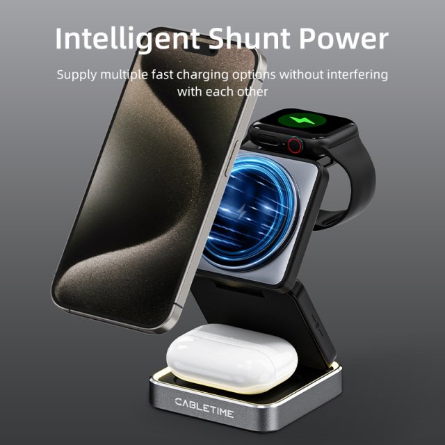 Foldable 3-in-1 Magnetic Wireless Charger Stand for iPhone, Apple Watch, AirPods