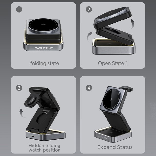 Foldable 3-in-1 Magnetic Wireless Charger Stand for iPhone, Apple Watch, AirPods