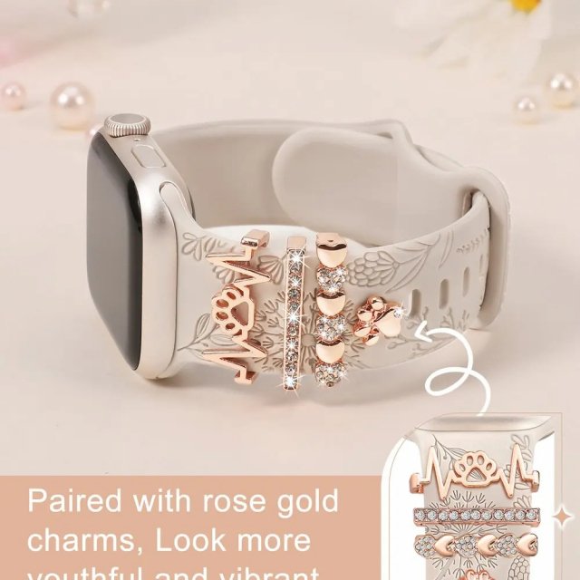 Floral Engraved Silicone Band with Charms for Apple Watch