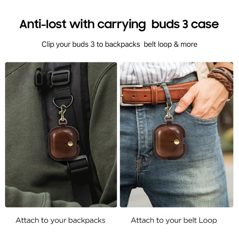 Genuine Leather Protective Case for Samsung Galaxy Buds 3 Pro with Hook - Image 3