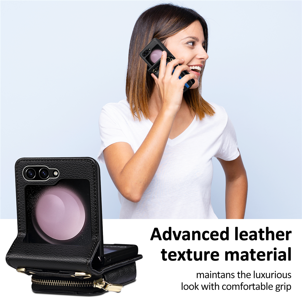 Samsung Galaxy Z Flip 6/5 Leather Zipper Flip Wallet Case with Lanyard - Image 6