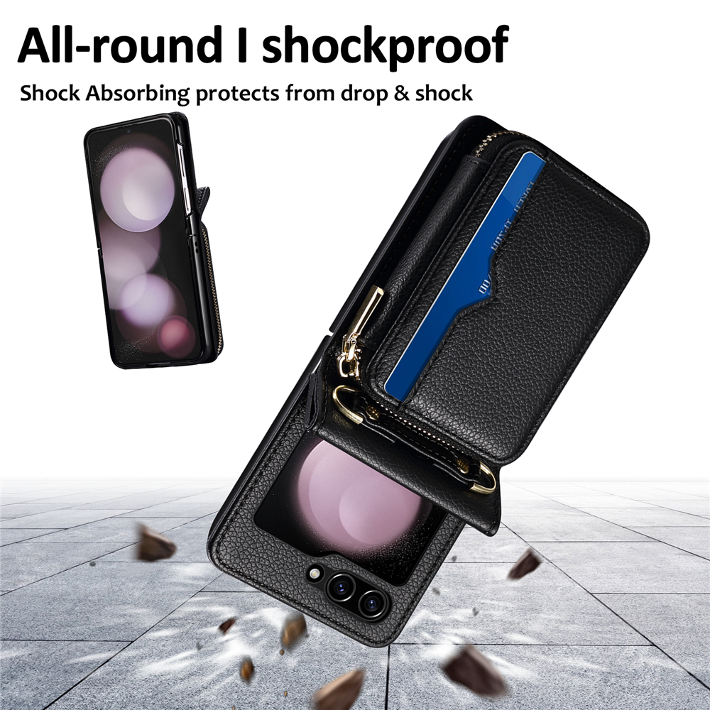Samsung Galaxy Z Flip 6/5 Leather Zipper Flip Wallet Case with Lanyard - Image 5