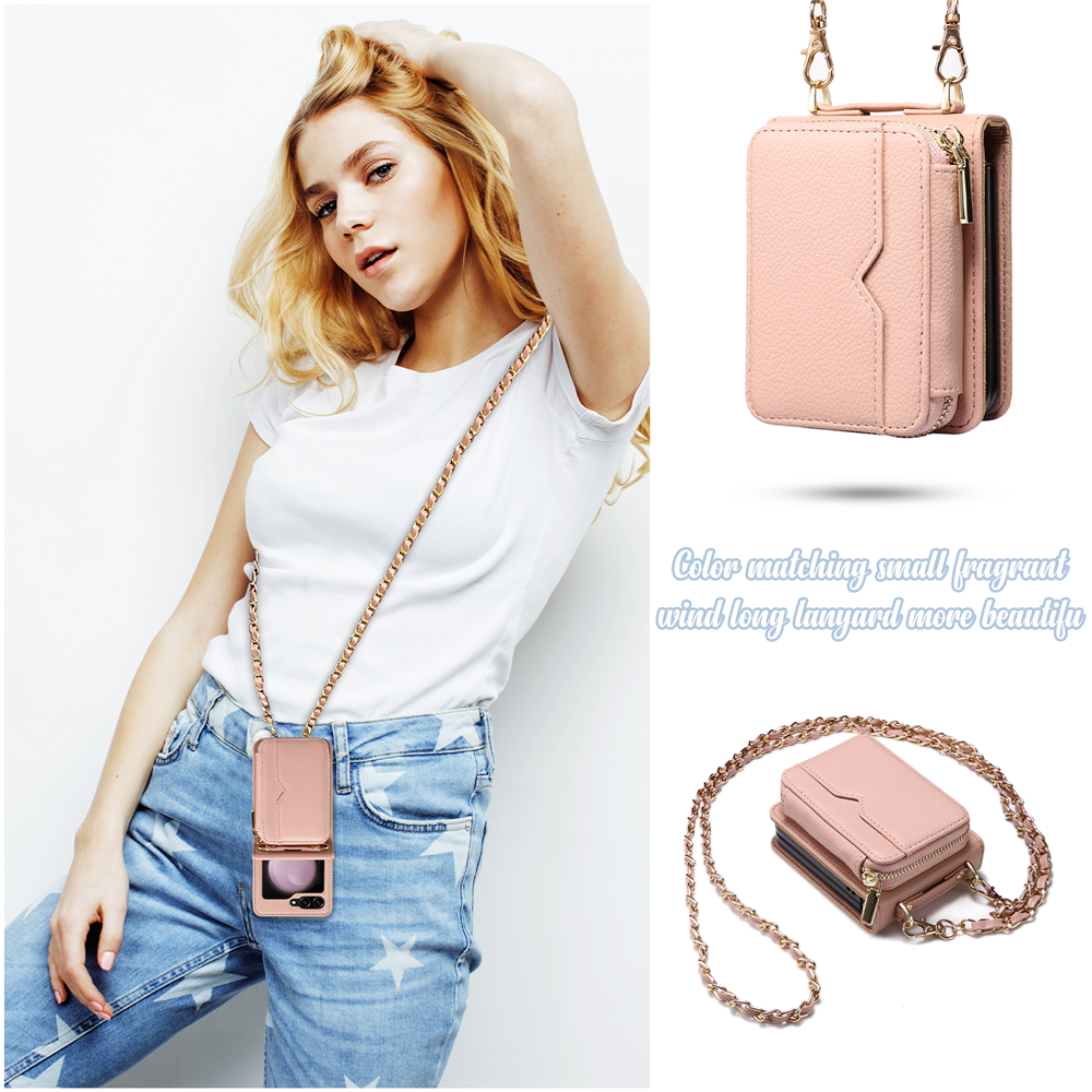 Samsung Galaxy Z Flip 6/5 Leather Zipper Flip Wallet Case with Lanyard - Image 3