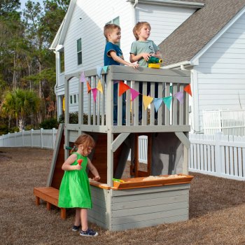 Alternative view of Outdoor Wooden Playhouse for Kids with Sandbox, Bench, Telescope, and Climbing Ramp