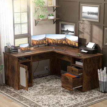 Alternative view of 60-Inch L-Shaped Office Desk with Drawers, Power Outlet, and USB Charging Ports