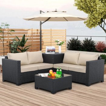 Alternative view of 4-Piece Outdoor PE Wicker Patio Furniture Set with Storage Table and Cushions