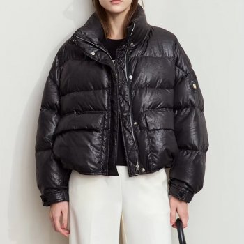 Alternative view of Minimalist Women's Winter Down Coat with Lapel Collar and Imitation Leather