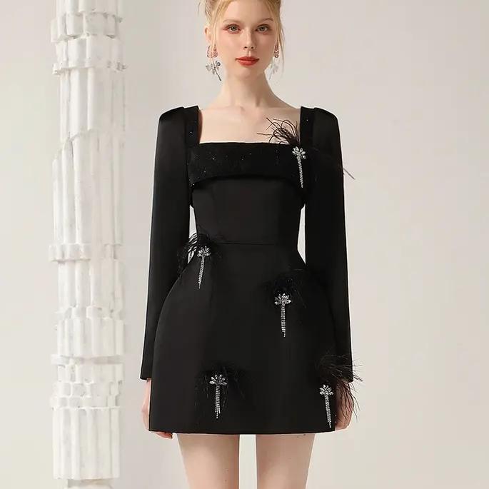 Elegant Black Feather Lace Dress with Beaded Details for Autumn 2024