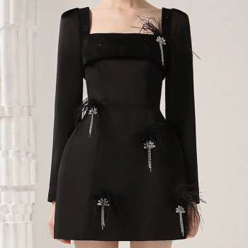 Alternative view of Elegant Black Feather Lace Dress with Beaded Details for Autumn 2024