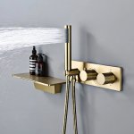 Wall-Mounted Black Brass Shower System with Thermostatic 2-Control Waterfall Tap