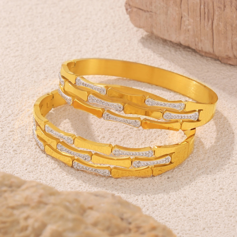 Gold-Plated Bamboo Rhinestone Bangle