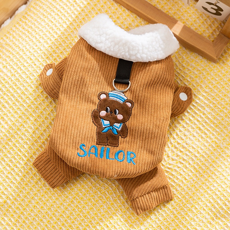 Winter Puppy Corduroy Patch Embroidered Cotton Coat – Warm 4-Legged Dog Jacket view 6