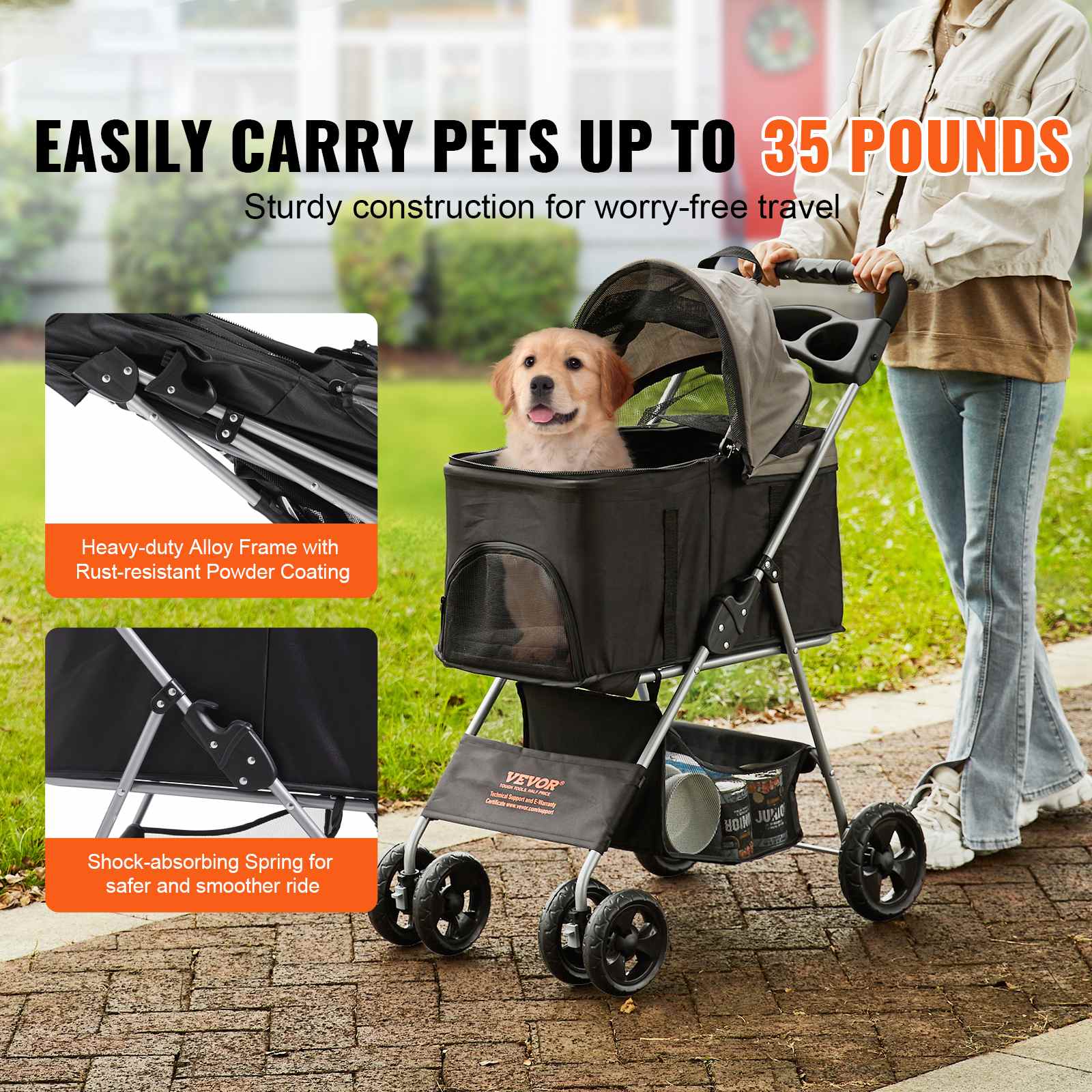 35lbs 4-Wheel Pet Stroller for Dogs & Cats with Storage Basket & Cup Holder