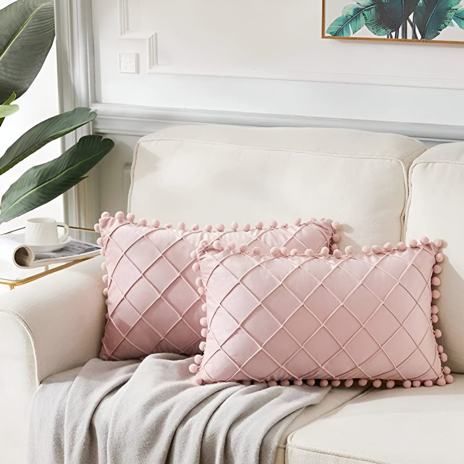 Boho Pink Velvet Throw Pillow Cover with Pom-Poms - Soft Plaid Lumbar Cushion for Living Room, Couch, or Bed Home & Garden Home Decor https://fairsmartshop.com/boho-pink-velvet-throw-pillow-cover-with-pom-poms-soft-plaid-lumbar-cushion-for-living-room-couch-or-bed/