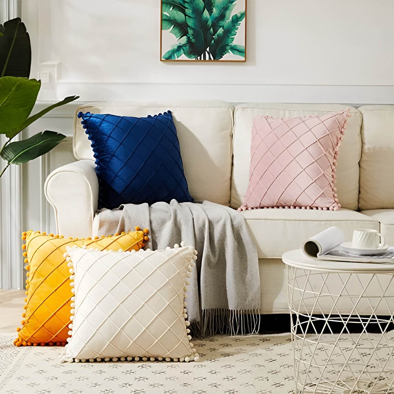 Boho Pink Velvet Throw Pillow Cover with Pom-Poms - Soft Plaid Lumbar Cushion for Living Room, Couch, or Bed Home & Garden Home Decor https://fairsmartshop.com/boho-pink-velvet-throw-pillow-cover-with-pom-poms-soft-plaid-lumbar-cushion-for-living-room-couch-or-bed/