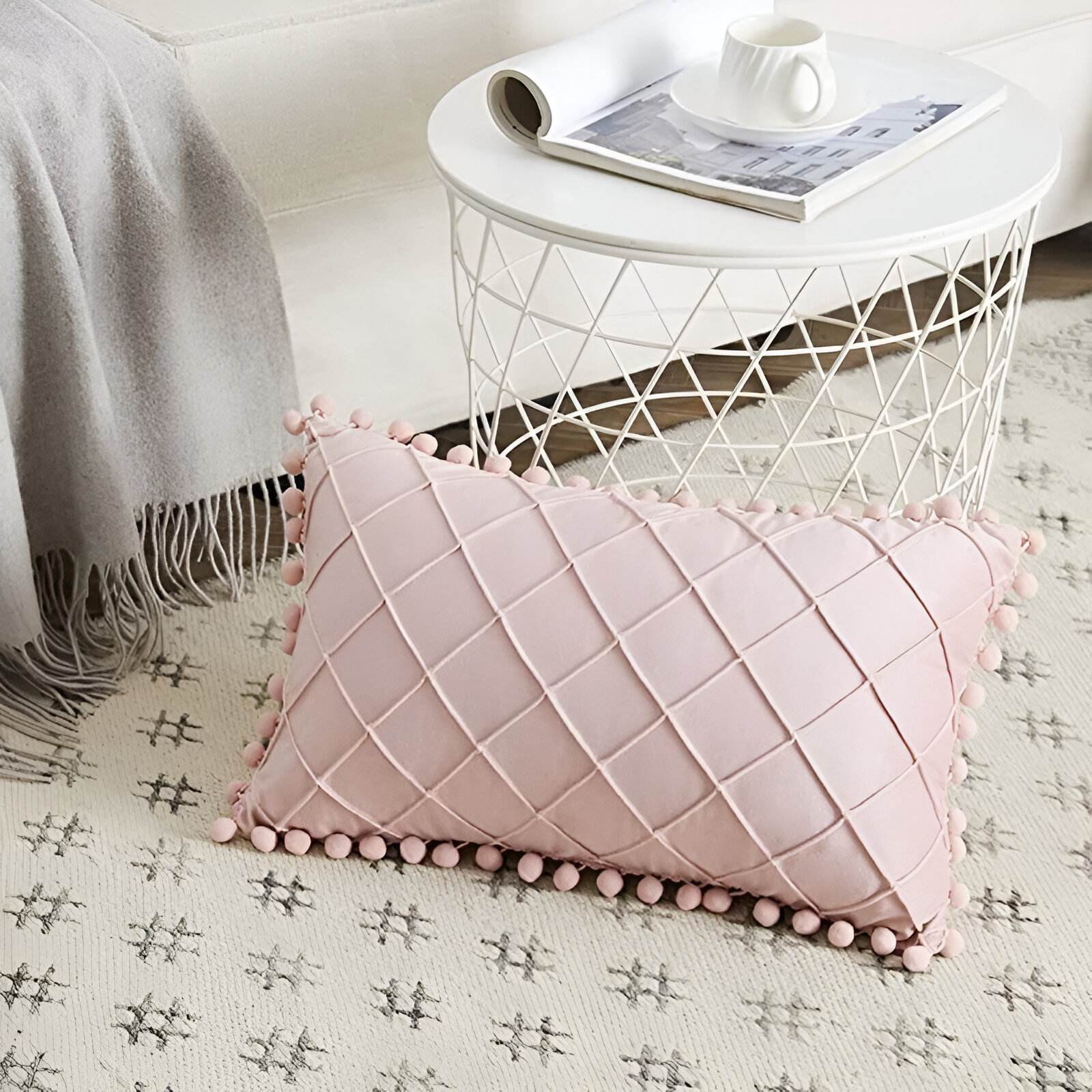 Boho Pink Velvet Throw Pillow Cover with Pom-Poms - Soft Plaid Lumbar Cushion for Living Room, Couch, or Bed Home & Garden Home Decor https://fairsmartshop.com/boho-pink-velvet-throw-pillow-cover-with-pom-poms-soft-plaid-lumbar-cushion-for-living-room-couch-or-bed/