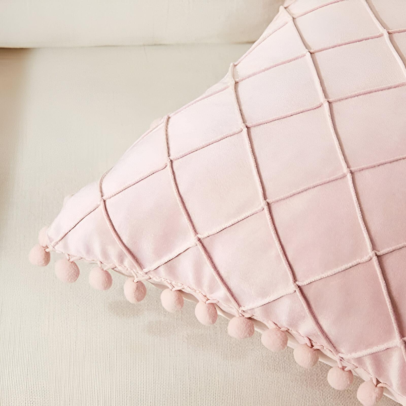 Boho Pink Velvet Throw Pillow Cover with Pom-Poms - Soft Plaid Lumbar Cushion for Living Room, Couch, or Bed Home & Garden Home Decor https://fairsmartshop.com/boho-pink-velvet-throw-pillow-cover-with-pom-poms-soft-plaid-lumbar-cushion-for-living-room-couch-or-bed/