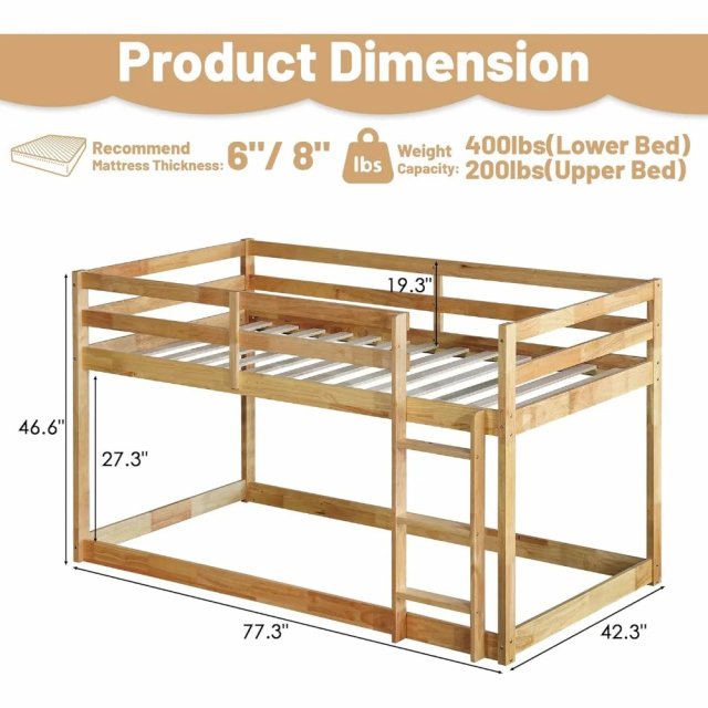 Twin Over Twin Low Bunk Bed with Ladder and Guardrails for Kids - Image 6