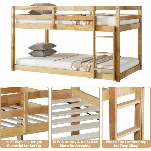 Twin Over Twin Low Bunk Bed with Ladder and Guardrails for Kids - Image 4