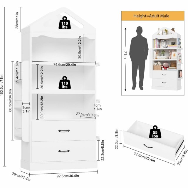 71-Inch Tall Kids Bookcase with 2 Drawers and Toy Storage Organizer - Image 6