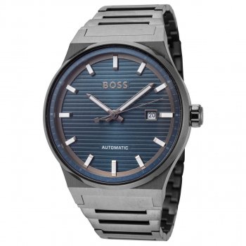 Hugo Boss Grey Stainless Steel Automatic Watch with Blue Dial