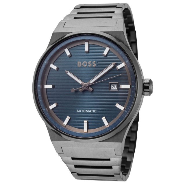 Hugo Boss Grey Stainless Steel Automatic Watch with Blue Dial