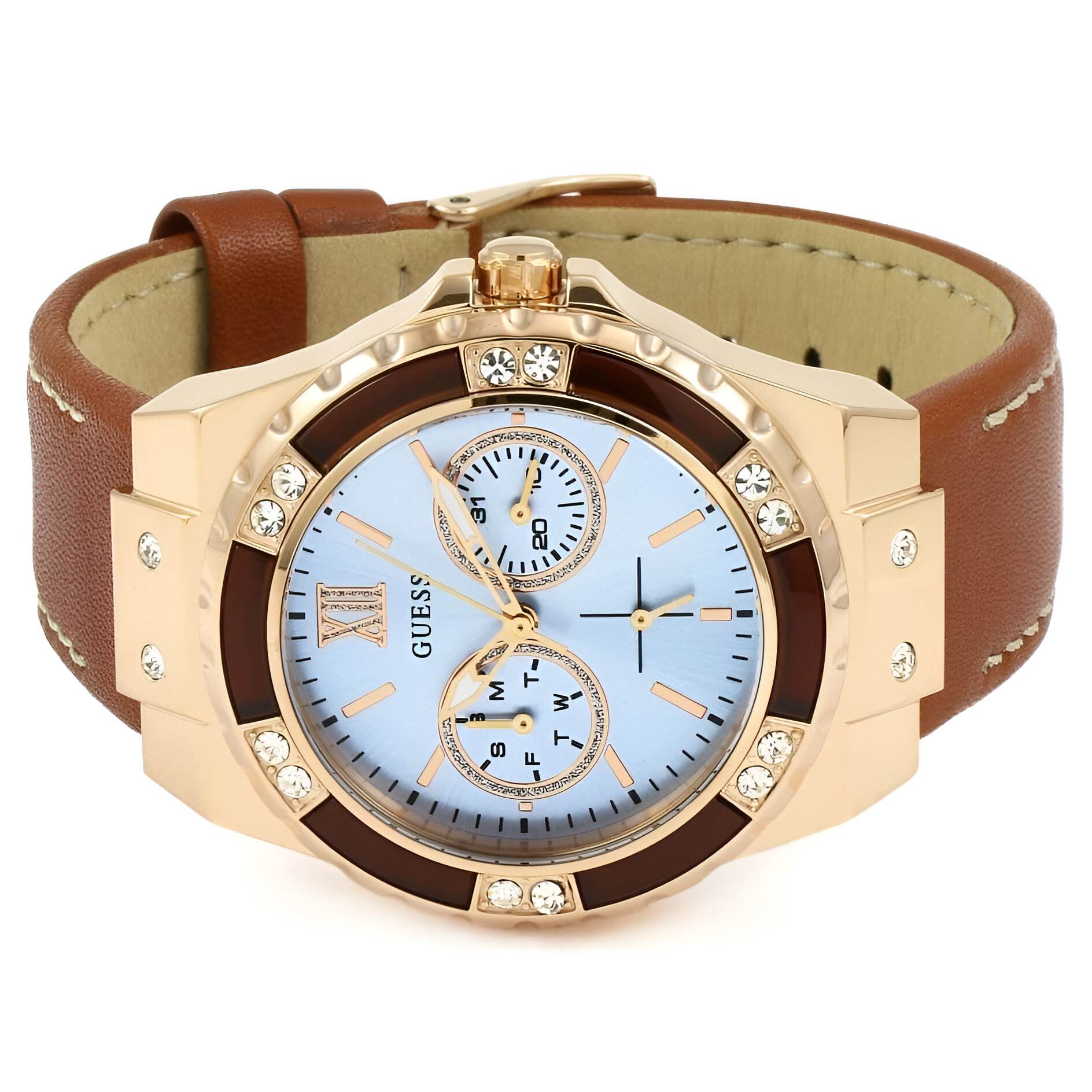 Guess Pink Gold Stainless Steel Women’s Watch with Brown Leather Strap Guess Relojes Top Guess Pink Gold Stainless Steel Women's Watch with Brown Leather Strap Guess Relojes Top