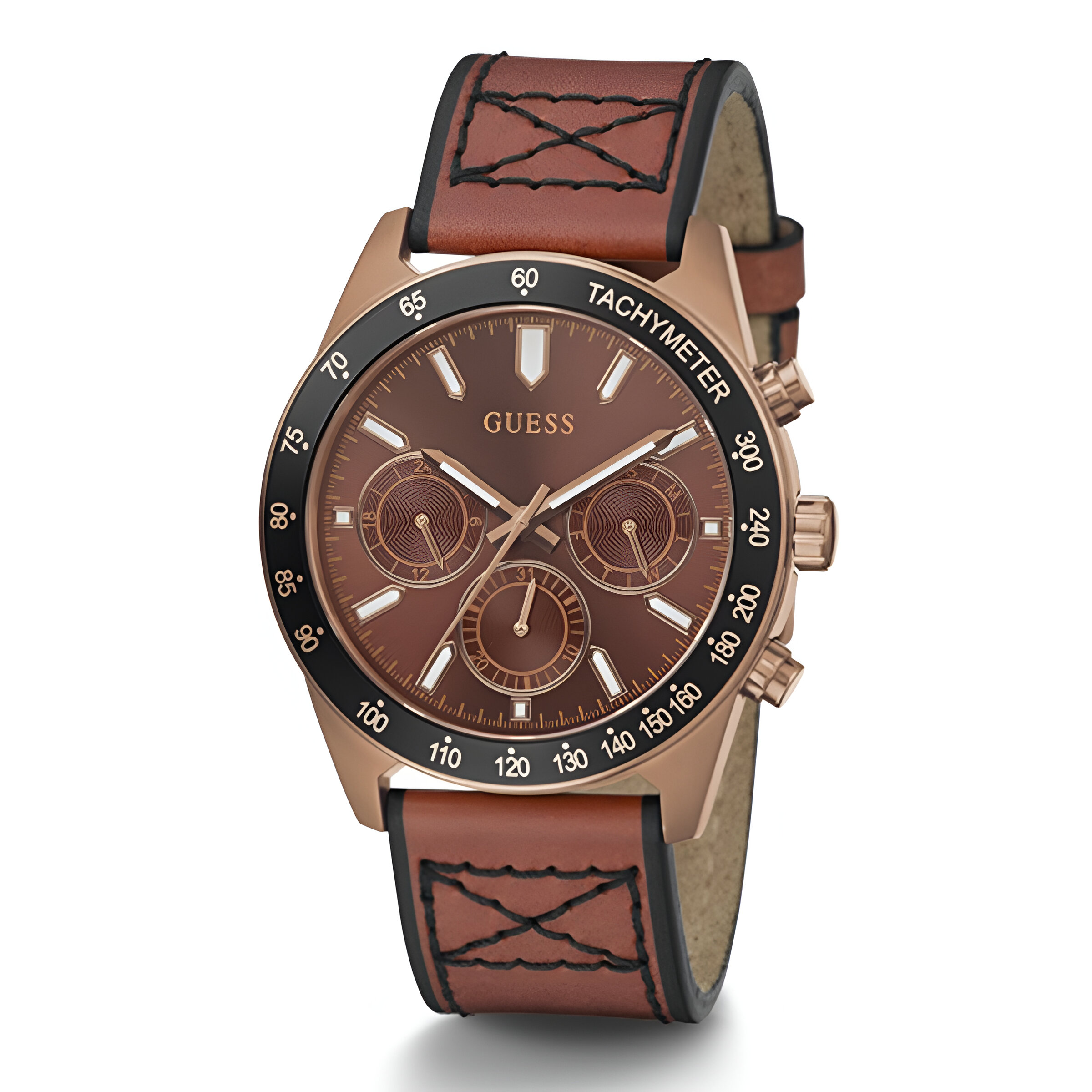 Guess Gold Stainless Steel and Brown Leather Quartz Watch – 42mm Guess Relojes Top Guess Gold Stainless Steel and Brown Leather Quartz Watch – 42mm Guess Relojes Top
