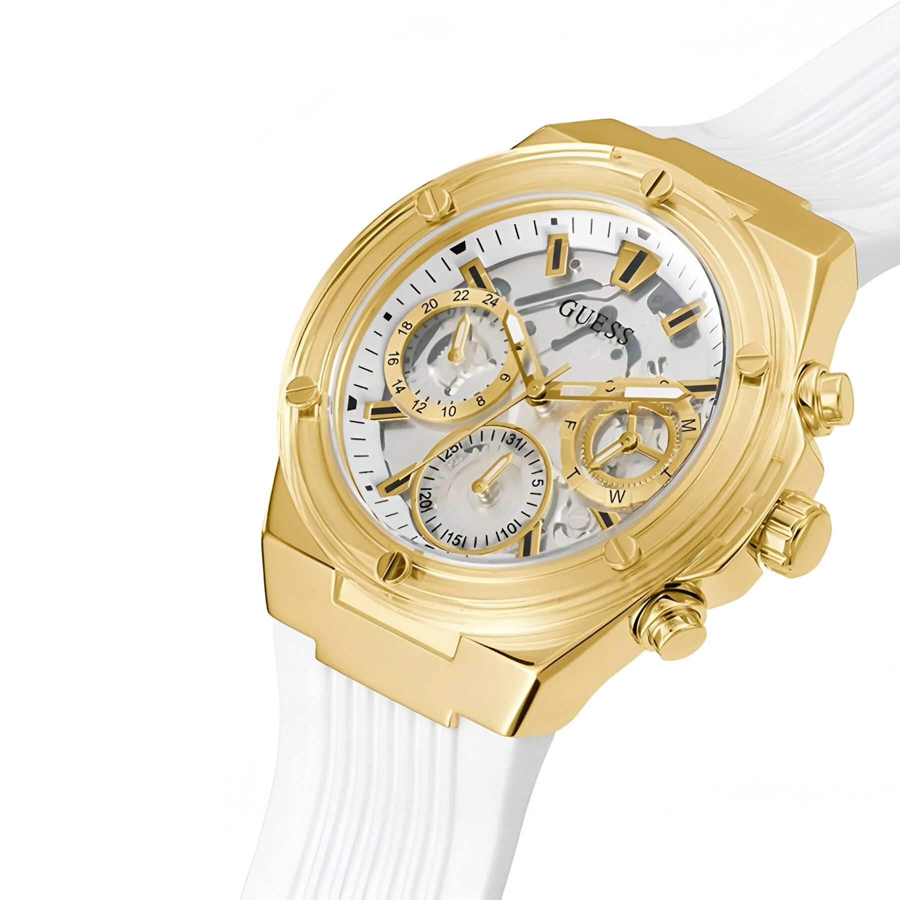 Guess Athena Gold-Tone Quartz Watch with White Rubber Strap Guess Relojes Top Guess Athena Gold-Tone Quartz Watch with White Rubber Strap Guess Relojes Top
