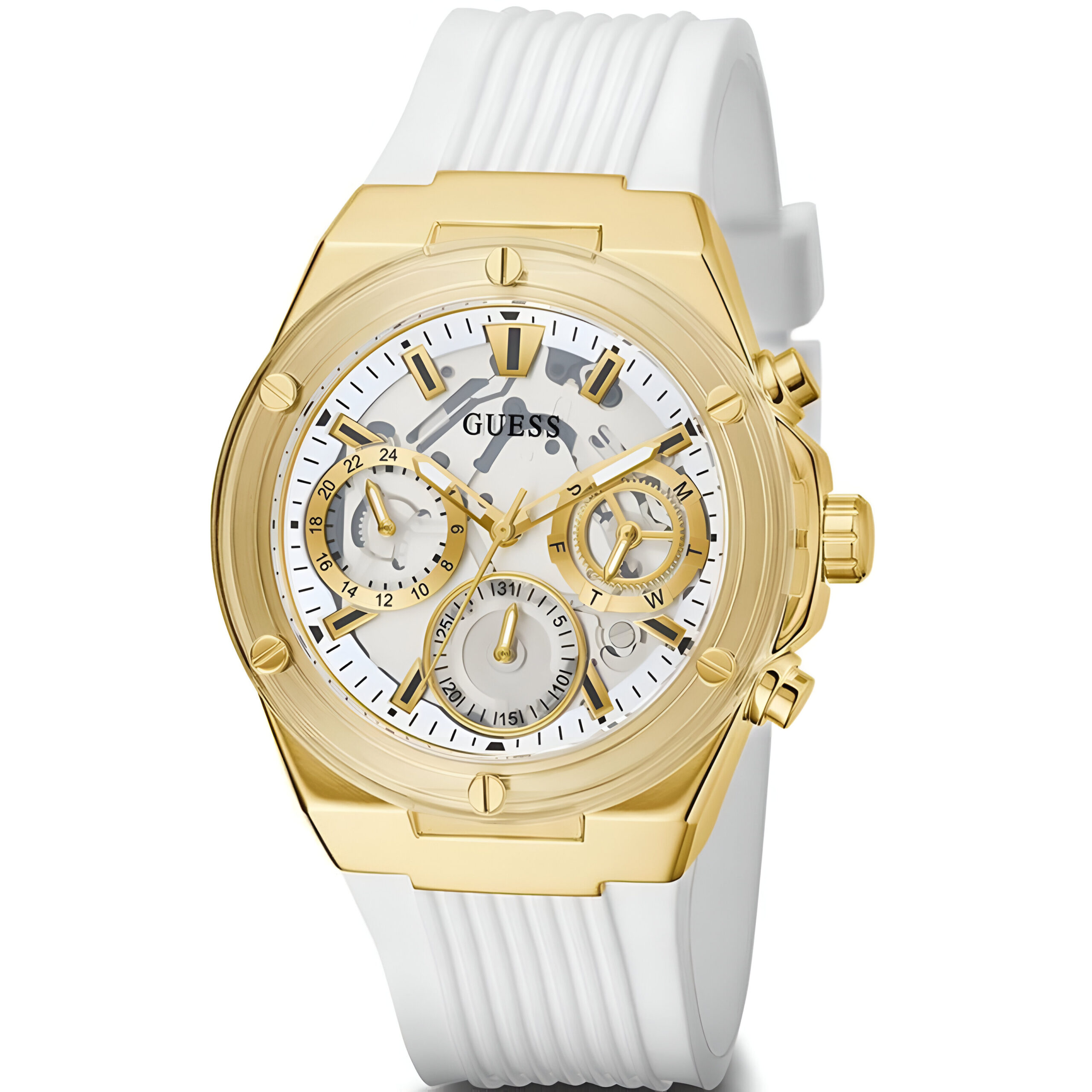 Guess Athena Gold-Tone Quartz Watch with White Rubber Strap Guess Relojes Top Guess Athena Gold-Tone Quartz Watch with White Rubber Strap Guess Relojes Top