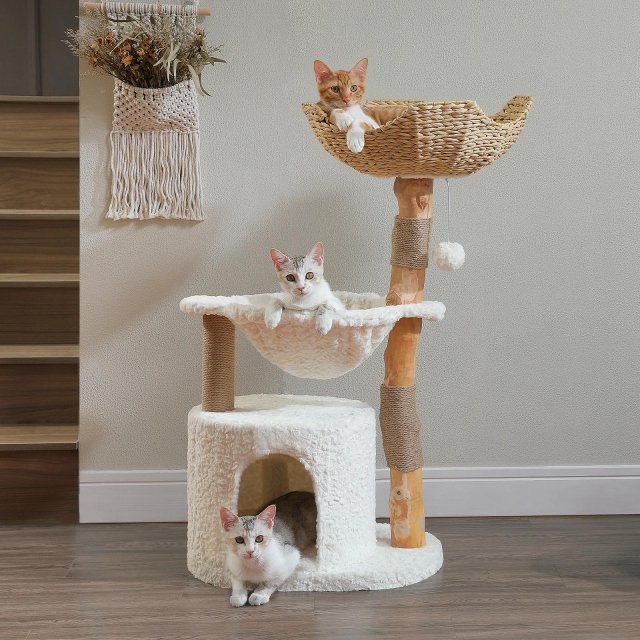 Luxury Wooden Cat Tree with Wicker Basket and Cozy Condo for Indoor Cats