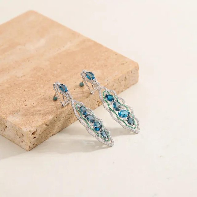 Natural London Blue Topaz Dangle Earrings in 925 Sterling Silver - Handmade Statement Jewelry