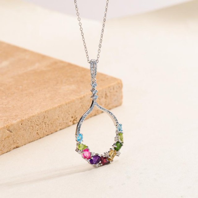 Multicolor Topaz Pendant Necklace in 925 Sterling Silver - Classic Statement Jewelry