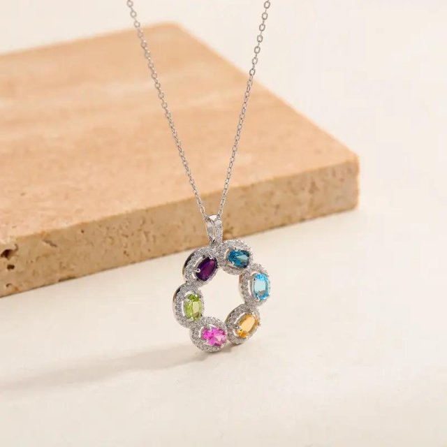 Multicolor Amethyst, Peridot & Citrine Pendant Necklace in Sterling Silver