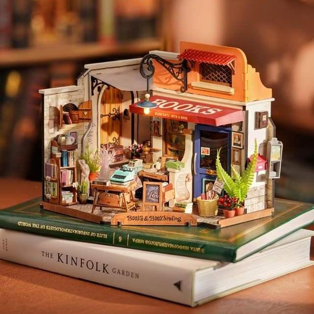 Miniature Bookstore DIY Kit with LED Lights - Craft Gift for Kids and Adults
