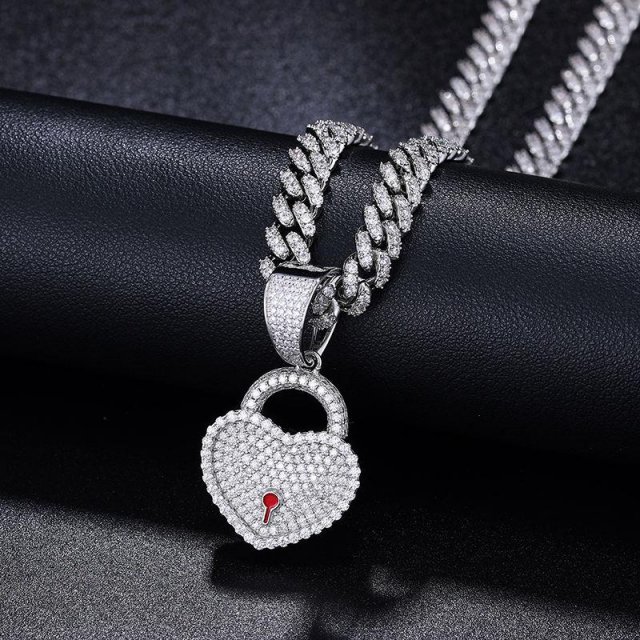 Moissanite Heart Lock Pendant Necklace for Men and Women - 925 Sterling Silver