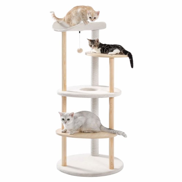 Modern Wooden Cat Tree Tower with Multi-Level Perches, Condo & Scratching Post