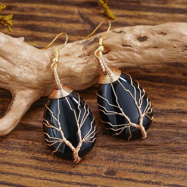 Handmade Black Agate Crystal Teardrop Earrings