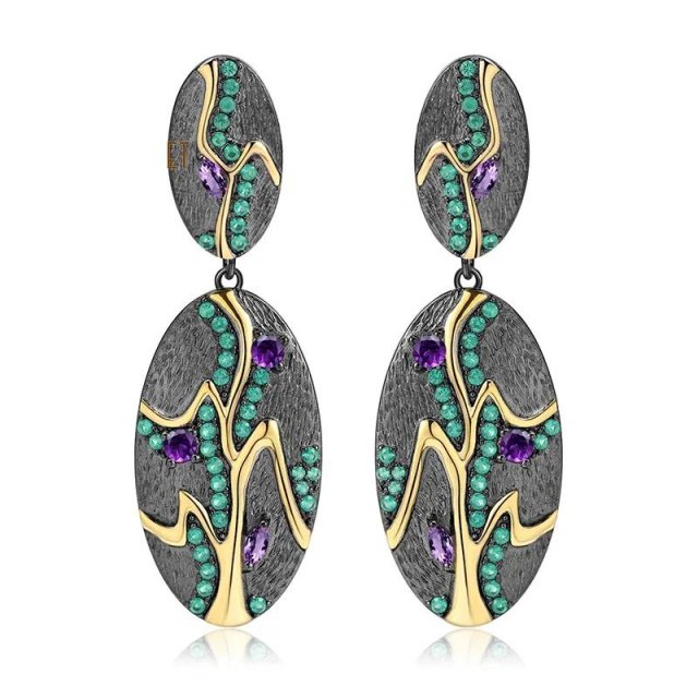 Handmade Amethyst Drop Earrings in 925 Sterling Silver - Vintage Geometric Style