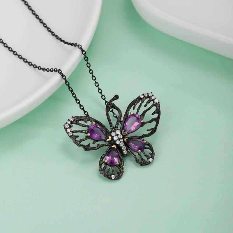 Butterfly Pendant Necklace with Lab Created Ruby & CZ Stones in 925 Sterling Silver