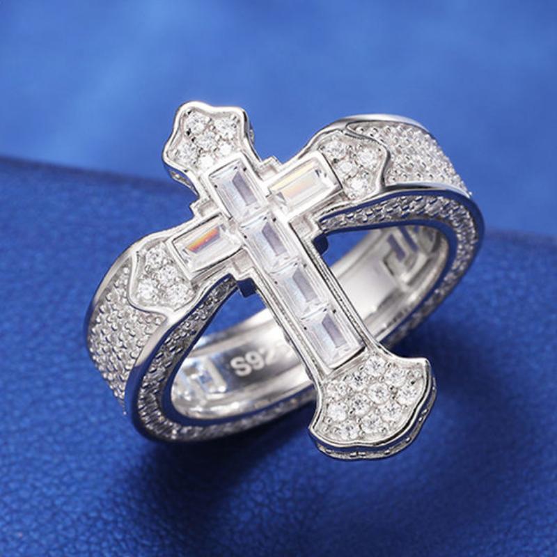 925 Sterling Silver Cross Moissanite Wedding Ring for Men and Women