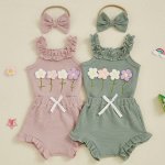 Baby Girl Flower Frill Trim Romper & Ruffle Shorts Set with Headband