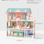 Wooden Dollhouse with 28 Furniture Pieces for 3.3” Dolls – Educational Toy for Kids 3+